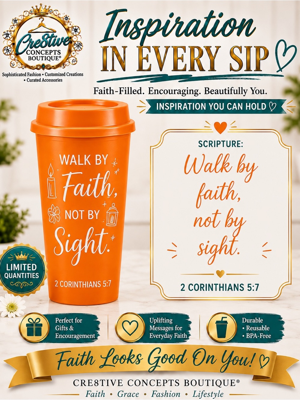 Inspirational Faith 16 oz Reusable Cup with Lid